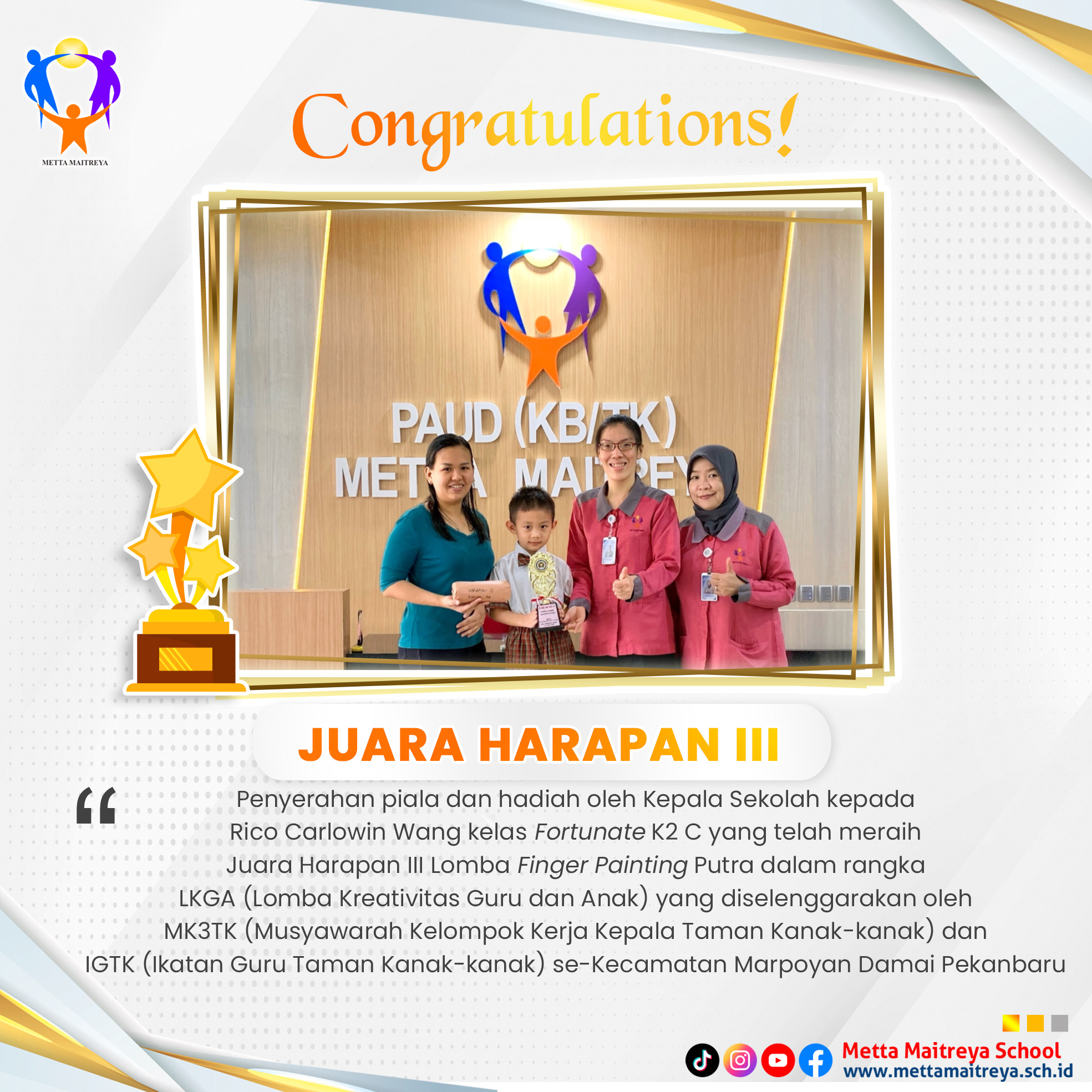 Penyerahan Hadiah oleh Kepala Sekolah dalam Lomba Finger Painting Putra dalam rangka LKGA | TK METTA MAITREYA